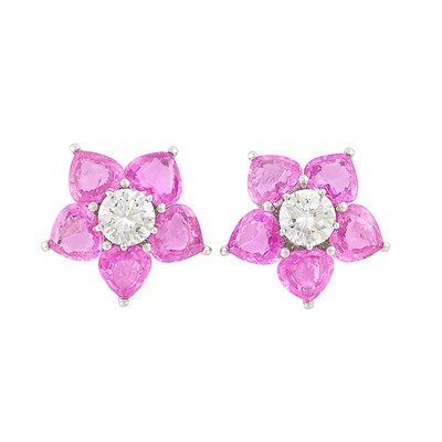 Lot 48 - Pair of Platinum, Diamond and Pink Sapphire Earclips