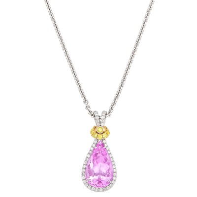 Lot 43 - Two-Color Gold, Pink Topaz, Diamond and Yellow Diamond Pendant with Chain Necklace