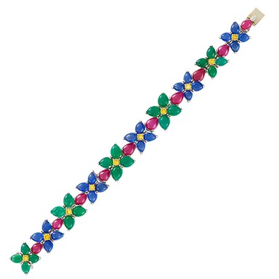 Lot 77 - Platinum, Cabochon Gem-Set and Yellow Diamond Flower Bracelet