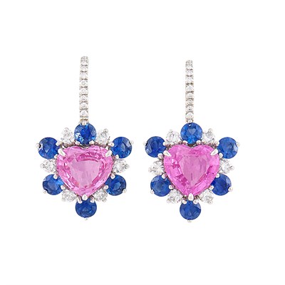 Lot 301 - Pair of Platinum, Pink Sapphire, Sapphire and Diamond Pendant-Earrings