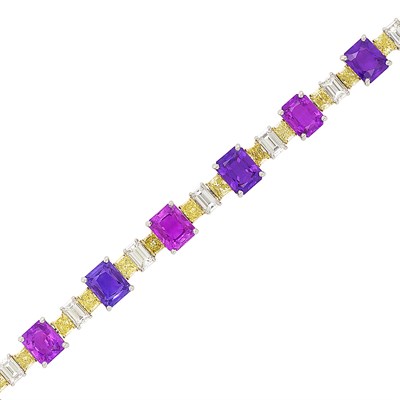 Lot 291 - Platinum, Gold, Purple Sapphire, Yellow Diamond and Diamond Bracelet