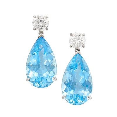 Lot 299 - Pair of Platinum, Diamond and Aquamarine Pendant-Earrings