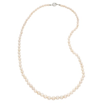 Lot 111 - Natural Pearl Necklace with Platinum and Diamond Clasp