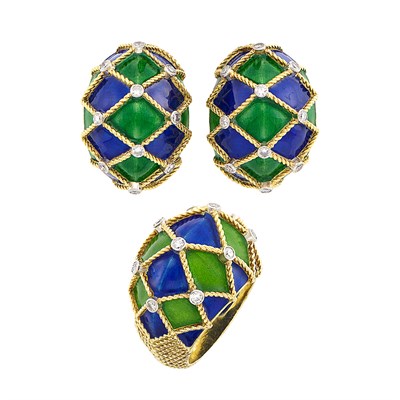 Lot 3 - Pair of Gold, Platinum, Enamel and Diamond Bombé Earrings and Ring, Mauboussin, Paris