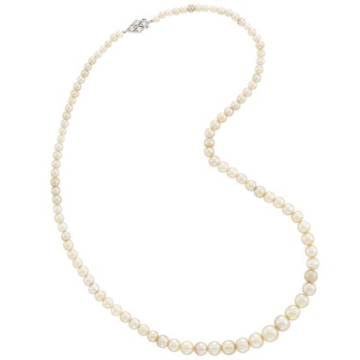 Lot 398 - Natural Pearl Necklace with Platinum and Diamond Clasp