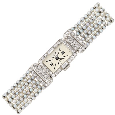 Lot 394 - Platinum, Gold, Diamond and Seed Pearl Mesh Wristwatch, France