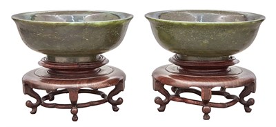 Lot 95 - Pair of Chinese Spinach Jade Bowls The thickly...