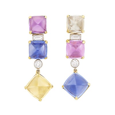 Lot 172 - Pair of Gold, Platinum, Multicolored Cabochon Sapphire and Diamond Pendant-Earclips