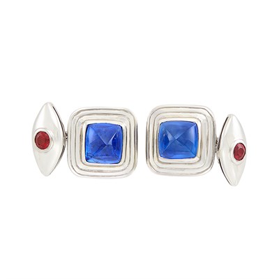 Lot 127 - Pair of Platinum, Cabochon Sapphire and Ruby Cufflinks