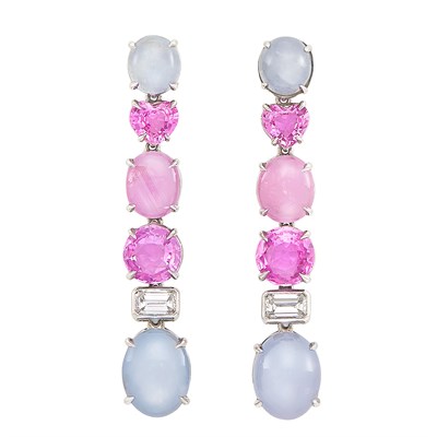 Lot 64 - Pair of Platinum, Pink Sapphire, Pink and Gray Star Sapphire and Diamond Pendant-Earclips