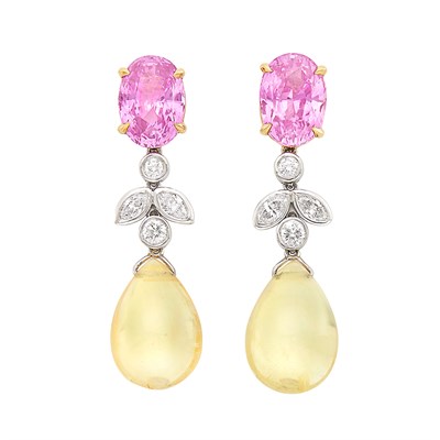 Lot 296 - Pair of Gold, Platinum, Pink Sapphire, Yellow Sapphire and Diamond Pendant-Earclips