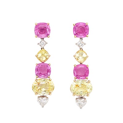 Lot 169 - Pair of Gold, Platinum, Pink and Yellow Sapphire and Diamond Pendant-Earclips