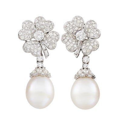 Lot 184 - Pair of Platinum, Diamond and South Sea Cultured Pearl Pendant-Earclips