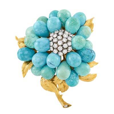 Lot 181 - Gold, Platinum, Turquoise and Diamond Flower Clip-Brooch, David Webb