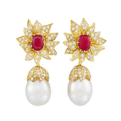 Lot 182 - Pair of Gold, South Sea Cultured Pearl, Ruby and Diamond Pendant-Earrings, Julius Cohen