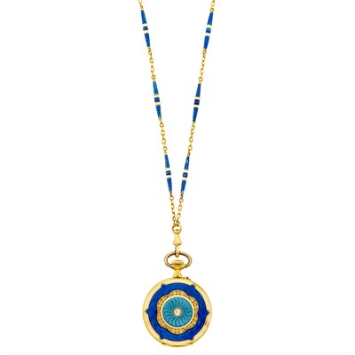 Lot 308 - Antique Gold and Enamel Pendant-Watch with Chain, Oscar Frésard Lucerne