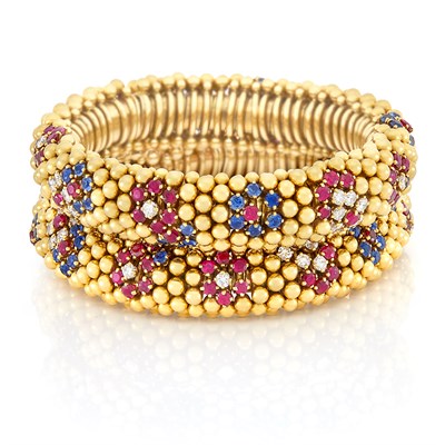 Lot 377 - Pair of Gold, Diamond, Ruby and Sapphire 'Lawn' Bracelets/Necklace Combination, Van Cleef & Arpels, France