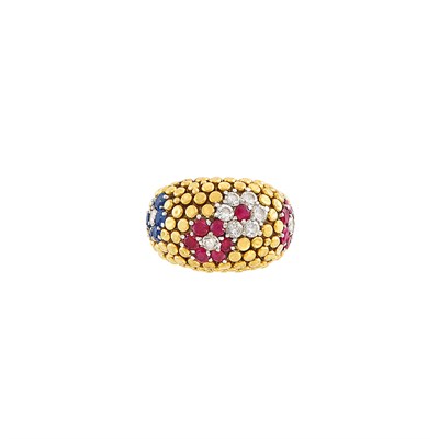 Lot 378 - Gold, Diamond Ruby and Sapphire Bombé 'Lawn' Ring, Van Cleef & Arpels