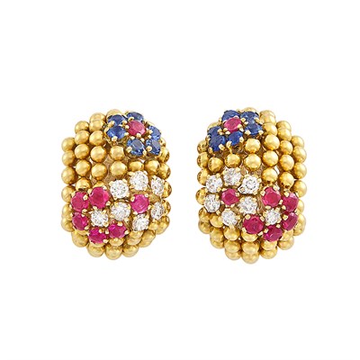 Lot 376 - Pair of Gold, Diamond, Ruby and Sapphire 'Lawn' Earclips, Van Cleef & Arpels