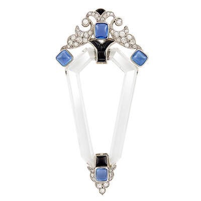 Lot 98 - Platinum, Rock Crystal, Cabochon Sapphire, Diamond and Black Onyx Brooch, France