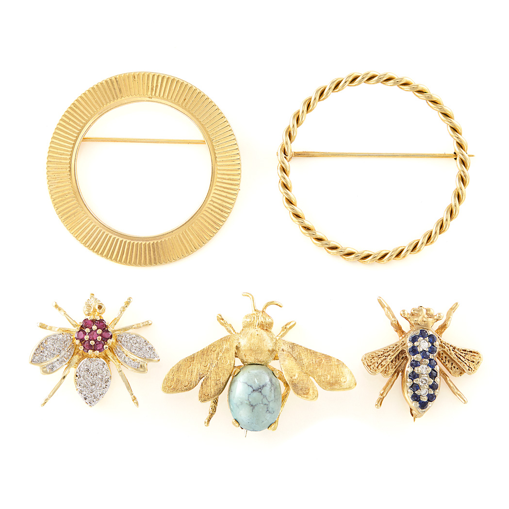 Lot 1200 - Three Gold Bee Pins and Two Circle Brooches