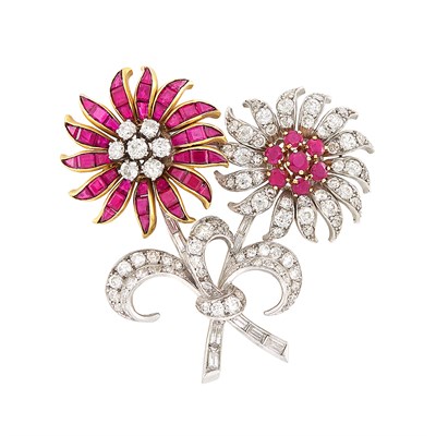 Lot 375 - Platinum, Gold, Diamond and Ruby Flower Clip-Brooch, Van Cleef & Arpels