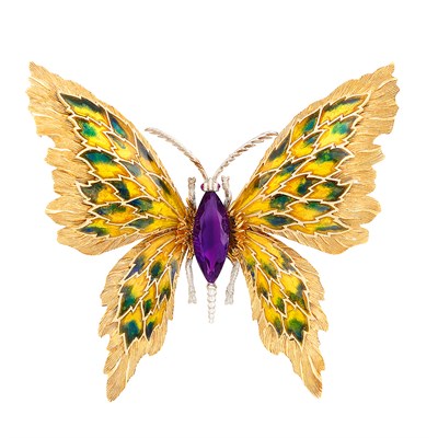Lot 157 - Two-Color Gold, Amethyst, Plique-à-Jour Enamel and Cabochon Ruby Butterfly Clip-Brooch, Buccellati