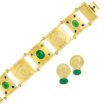 Lot 7 - Gold, Cabochon Tourmaline, Gem-Set and Medallion Bracelet and Pair of Earrings