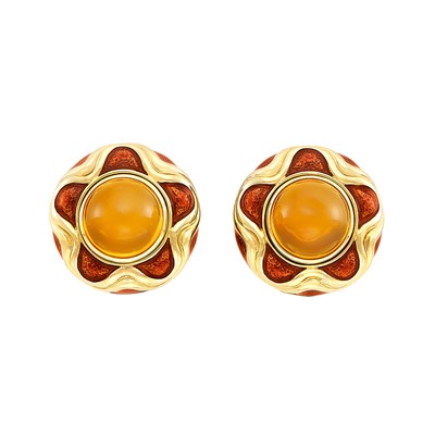 Lot 247 - Pair of Gold, Cabochon Citrine and Red Enamel Earclips