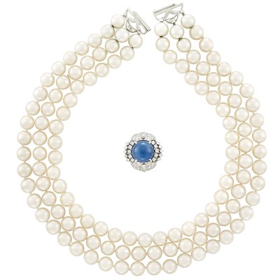 Lot 380 - Triple Strand Cultured Pearl Necklace with Platinum, Cabochon Sapphire and Diamond Enhancer