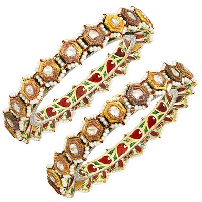 Lot 223 - Pair of Gold, Jaipur Enamel, Foiled-Back Diamond and Seed Pearl Marriage Bracelets