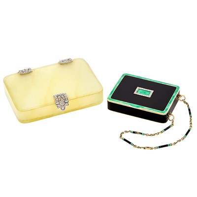 Lot 329 - Agate, Platinum and Diamond Box and Gold, Green and Black Enamel, Platinum and Diamond Compact