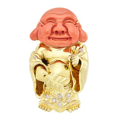 Lot 333 - Gold, Carved Coral and Diamond Buddha Brooch