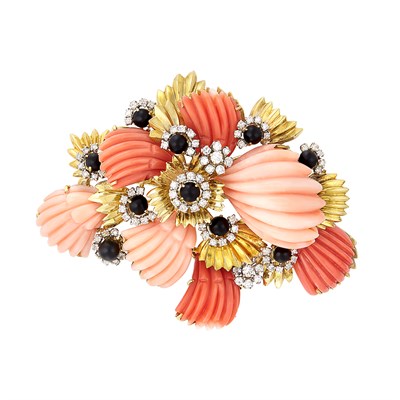 Lot 334 - Gold, Carved Coral, Black Onyx and Diamond Brooch