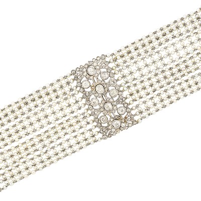 Lot 321 - Belle Époque Wide Seed Pearl, Platinum and Diamond Mesh Bracelet