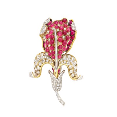 Lot 371 - Gold, Platinum, Cabochon Ruby and Diamond Flower Clip-Brooch, France