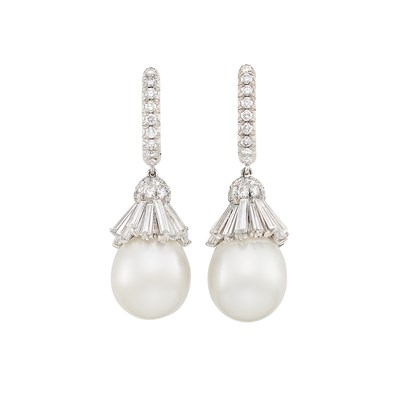 Lot 381 - Pair of White Gold, Diamond and South Sea Cultured Pearl Pendant-Earrings, Carvin French