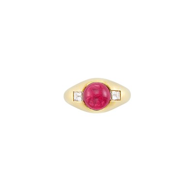 Lot 274 - Gold, Cabochon Ruby and Diamond Gypsy Ring, Carvin French