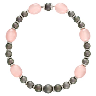 Lot 66 - Tahitian Black Cultured Pearl, Rose Quartz Bead, White Gold and Diamond Necklace, Carvin French