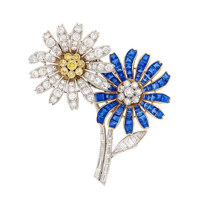 Lot 88 - Platinum, Gold, Sapphire, Diamond and Colored Diamond Double Flower Clip