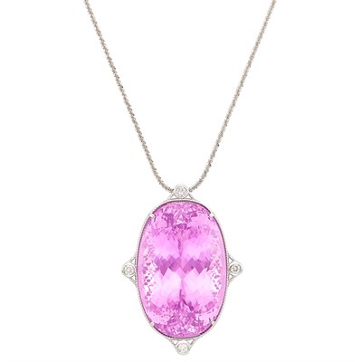 Lot 59 - White Gold, Kunzite and Diamond Pendant with Chain Necklace