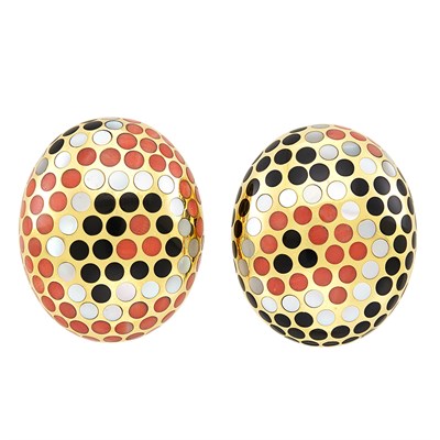 Lot 20 - Pair of Gold, Coral, Mother-of-Pearl and Black Jade 'Polka Dot' Earclips, Angela Cummings