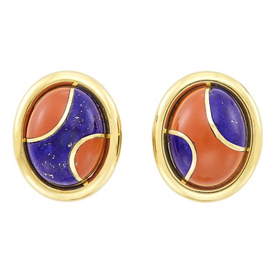 Lot 18 - Pair of Gold, Lapis and Jasper Earclips, Tiffany & Co.