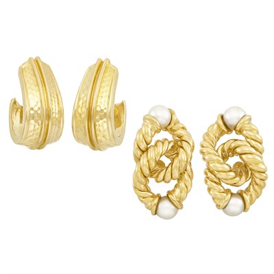 Lot 240 - Pair of Gold and Cultured Pearl Earclips and Pair of Gold Hoop Earclips