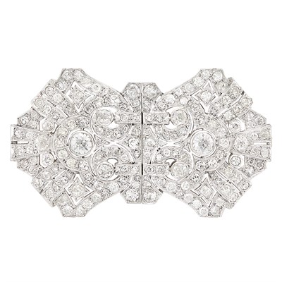 Lot 396 - Platinum, White Gold and Diamond Double Clip-Brooch