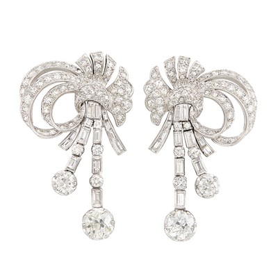 Lot 42 - Pair of Platinum and Diamond Pendant-Earrings
