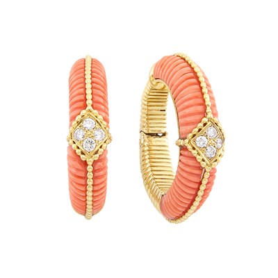 Lot 249 - Pair of Gold, Carved Coral and Diamond Hoop Earrings, Van Cleef & Arpels, France