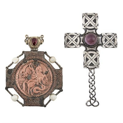 Lot 103 - Russian Gem-Set Silver and Copper Icon of St....