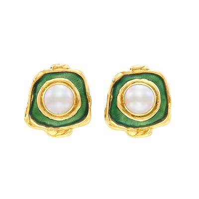 Lot 236 - Pair of Gold, Mabé Pearl and Green Enamel Earclips, Elizabeth Gage