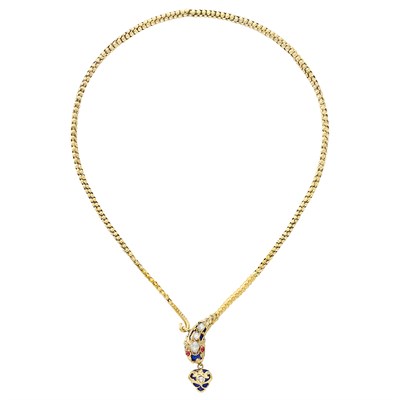 Lot 211 - Antique Gold, Blue Enamel, Diamond and Cabochon Garnet Snake Necklace